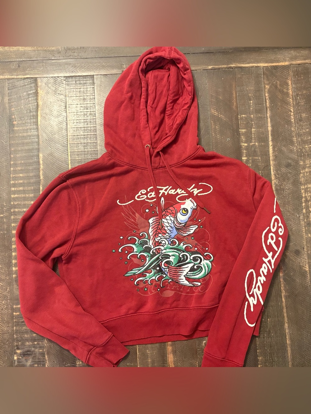 Ed Hardy Retro Y2K Koi Fish Graphic Tattoo Maroon Cropped Hoodie Streetwear